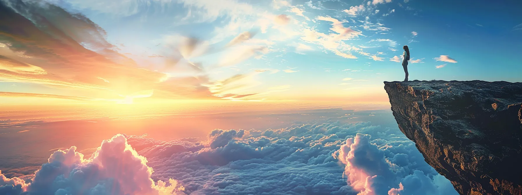 a person standing at the edge of a cliff, looking out at a vast expanse of sky and clouds, ready to take a leap of faith towards a bright future.