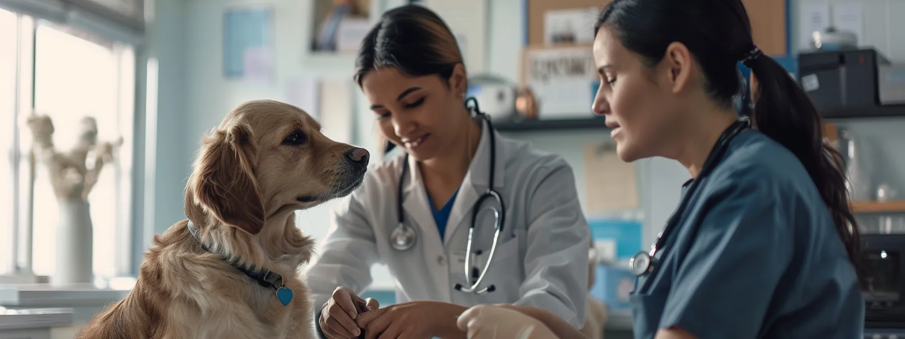 a veterinarian examining a dog with a professional seo agent discussing online marketing strategies.