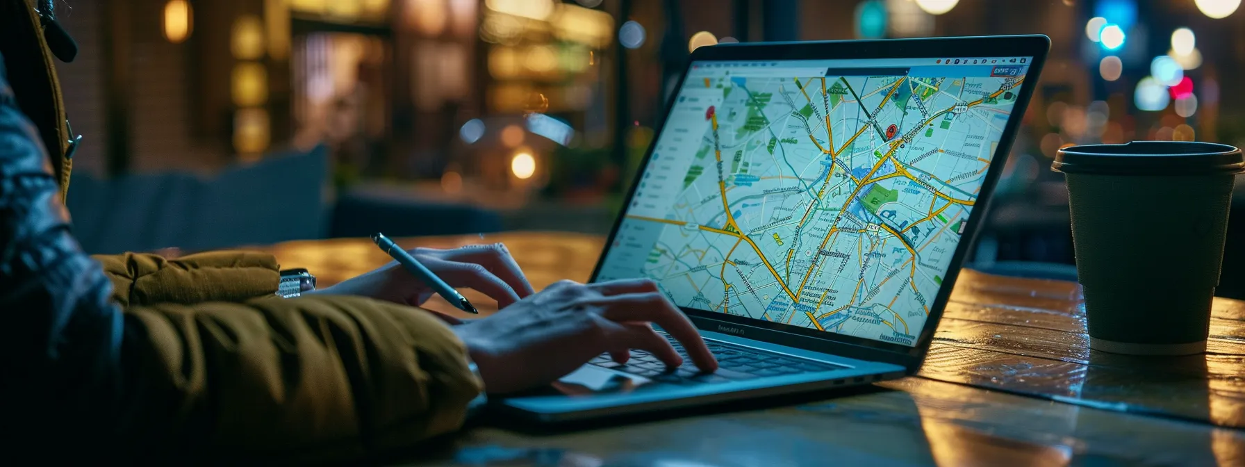 a person typing on a laptop with a map of melbourne and a keyword research tool on the screen.