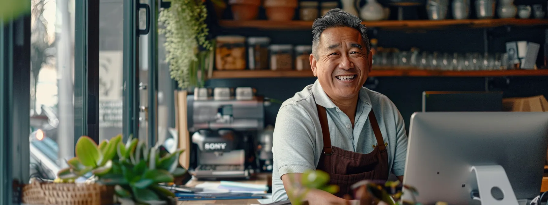 a business owner smiling as they read positive google reviews on their computer screen.