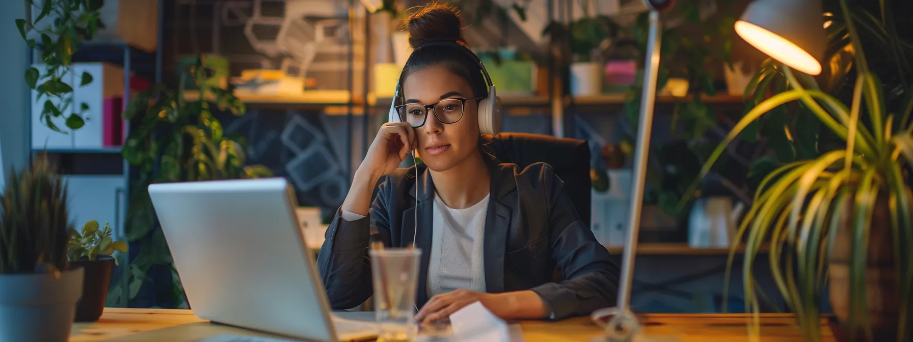 a salesperson making a cold call while sitting at their desk with a determined expression.