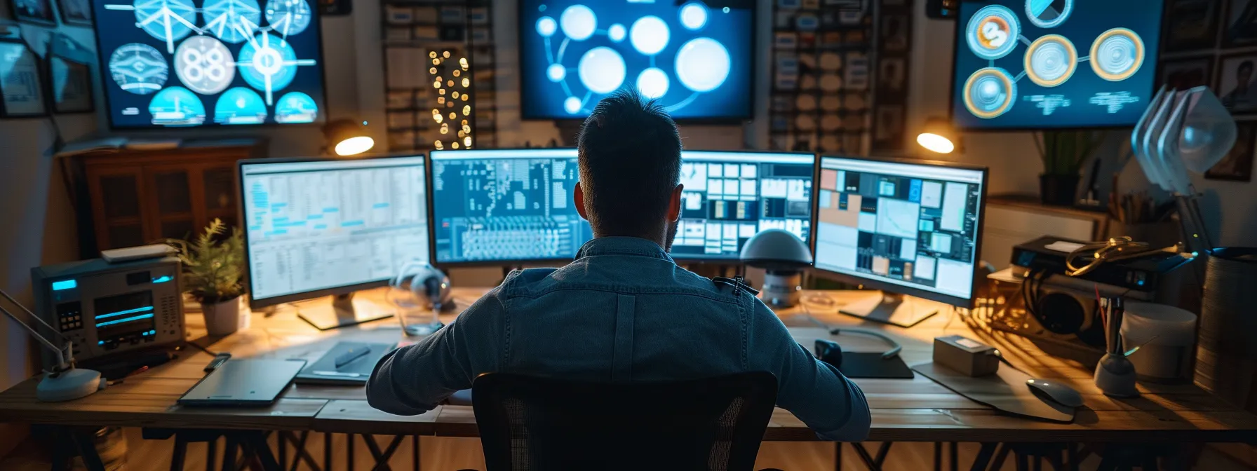 a plumber sitting at a desk surrounded by computer screens displaying various keyword research tools.