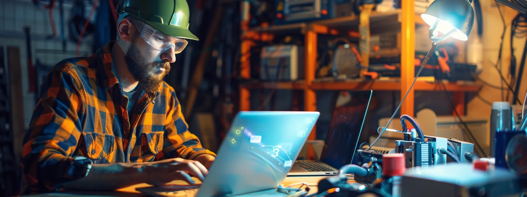 a plumber working on a laptop with various website optimization tools and strategies displayed on the screen.