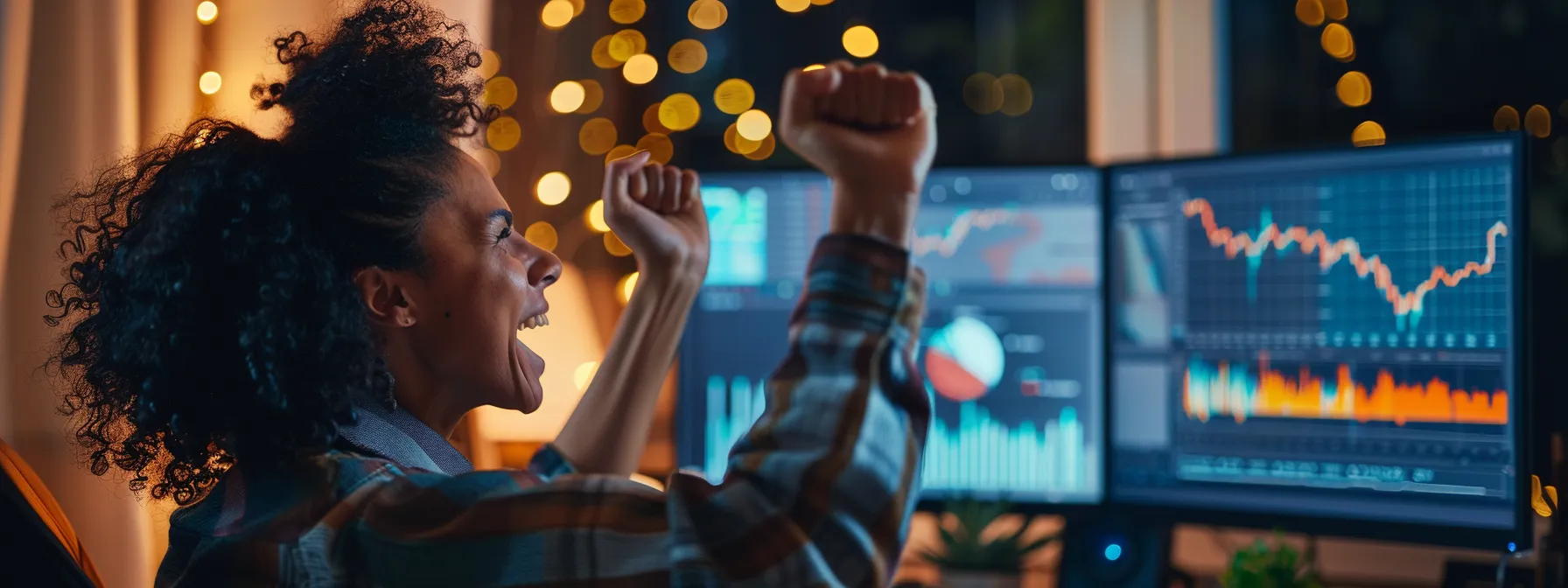 a person smiling and celebrating in front of a computer showing positive results graphs.