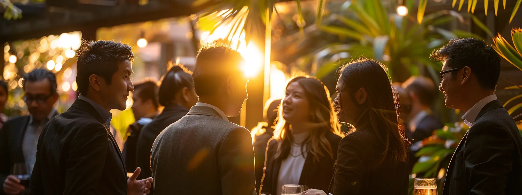 a group of diverse individuals networking and engaging at a melbourne event sponsored by a local business.