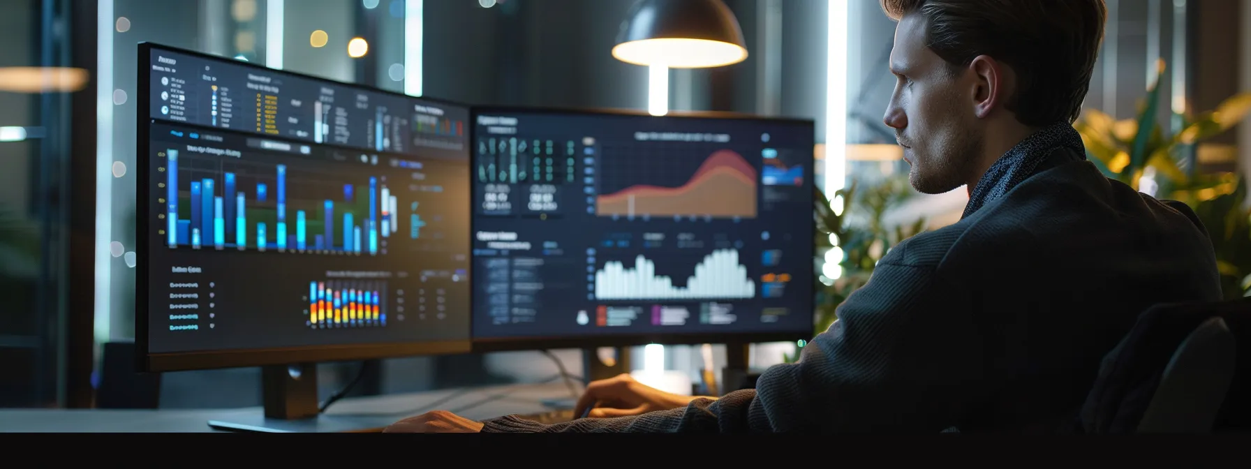 a person analyzing data on a computer screen in a modern office setting.