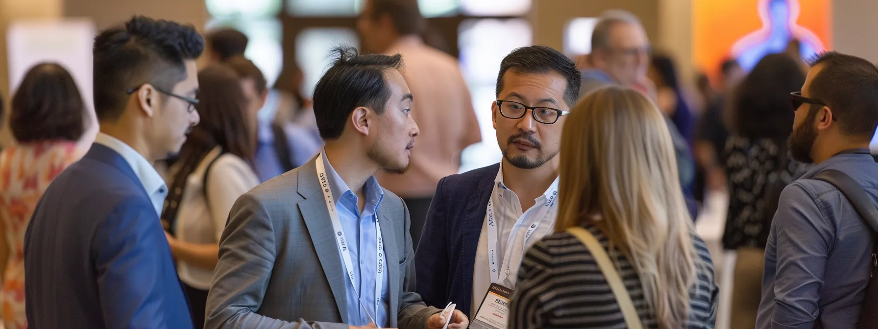 a group of professionals from different industries collaborating and networking at a conference in california.