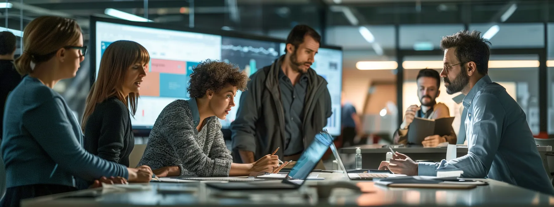 a group of professionals analyzing data and discussing strategies in a modern office setting.