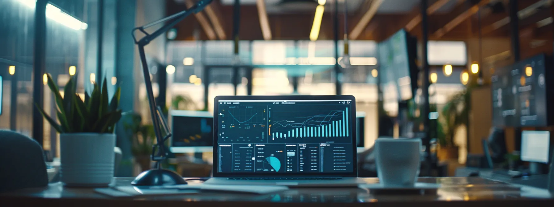 a person analyzing data and feedback on a laptop screen in a modern office setting.