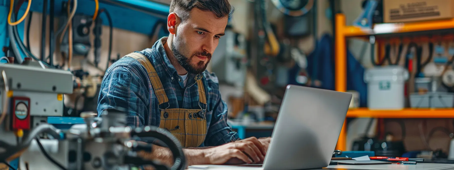 a plumber using a laptop to work on seo strategies for their business.