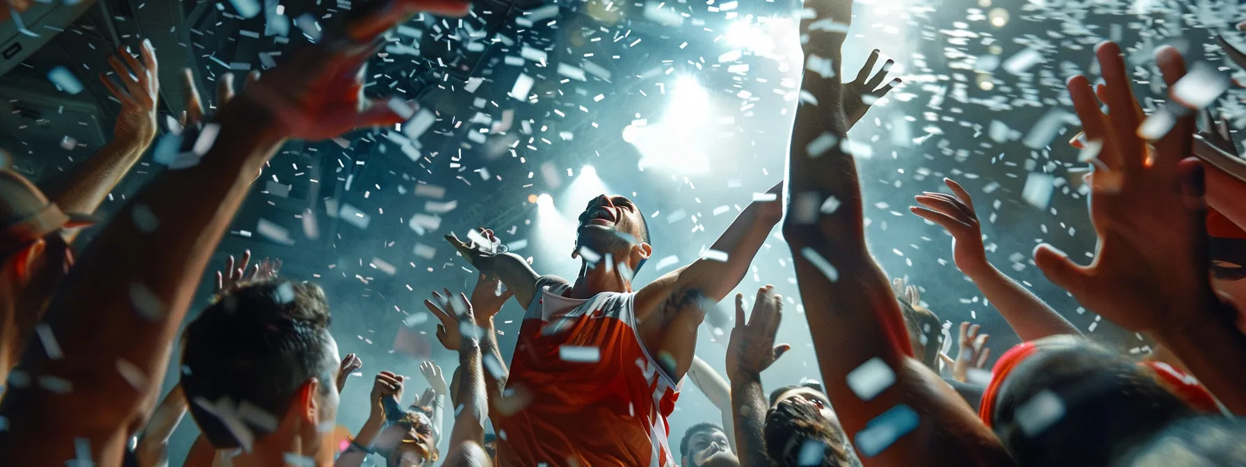 an athlete celebrating a victory on a podium, surrounded by cheering fans.