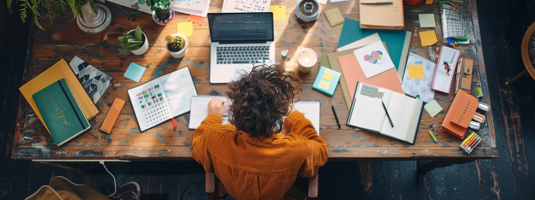 a person sitting at a desk, surrounded by notebooks, a vision board, and a laptop, deep in thought while crafting their quantum leap with effective goal strategies.