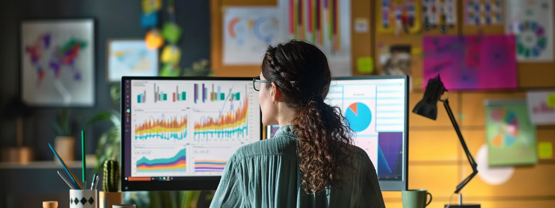 a person analyzing data on a computer screen with charts and graphs displayed.