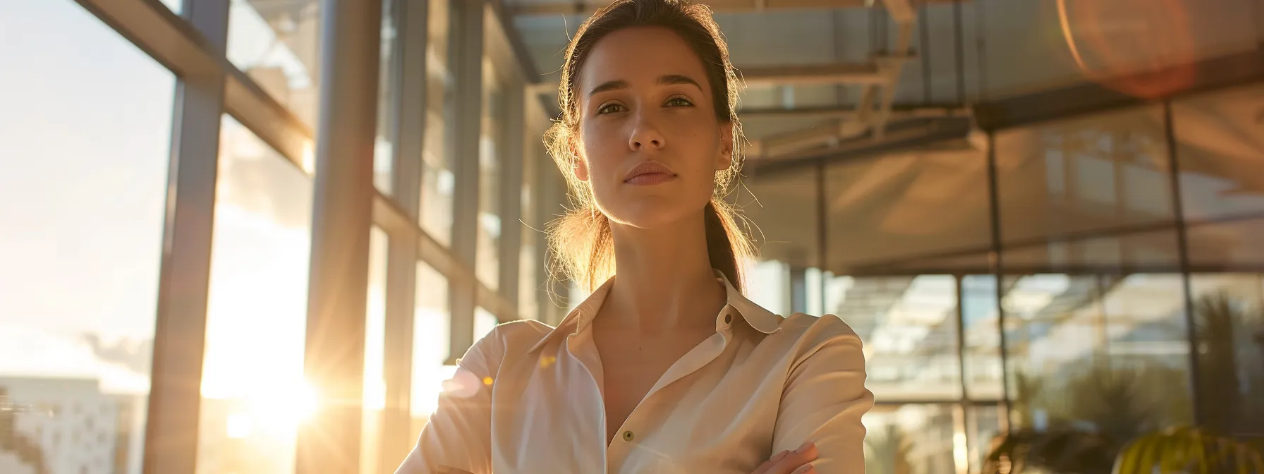 a businesswoman standing confidently in a bright, modern office setting, portraying professionalism and success.