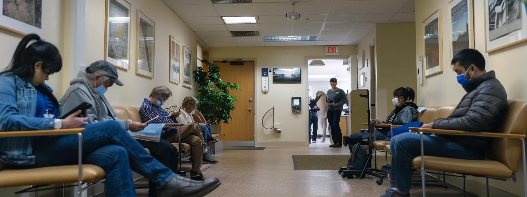 a doctor's office waiting room filled with patients, looking at their phones and tablets while waiting for appointments to start.