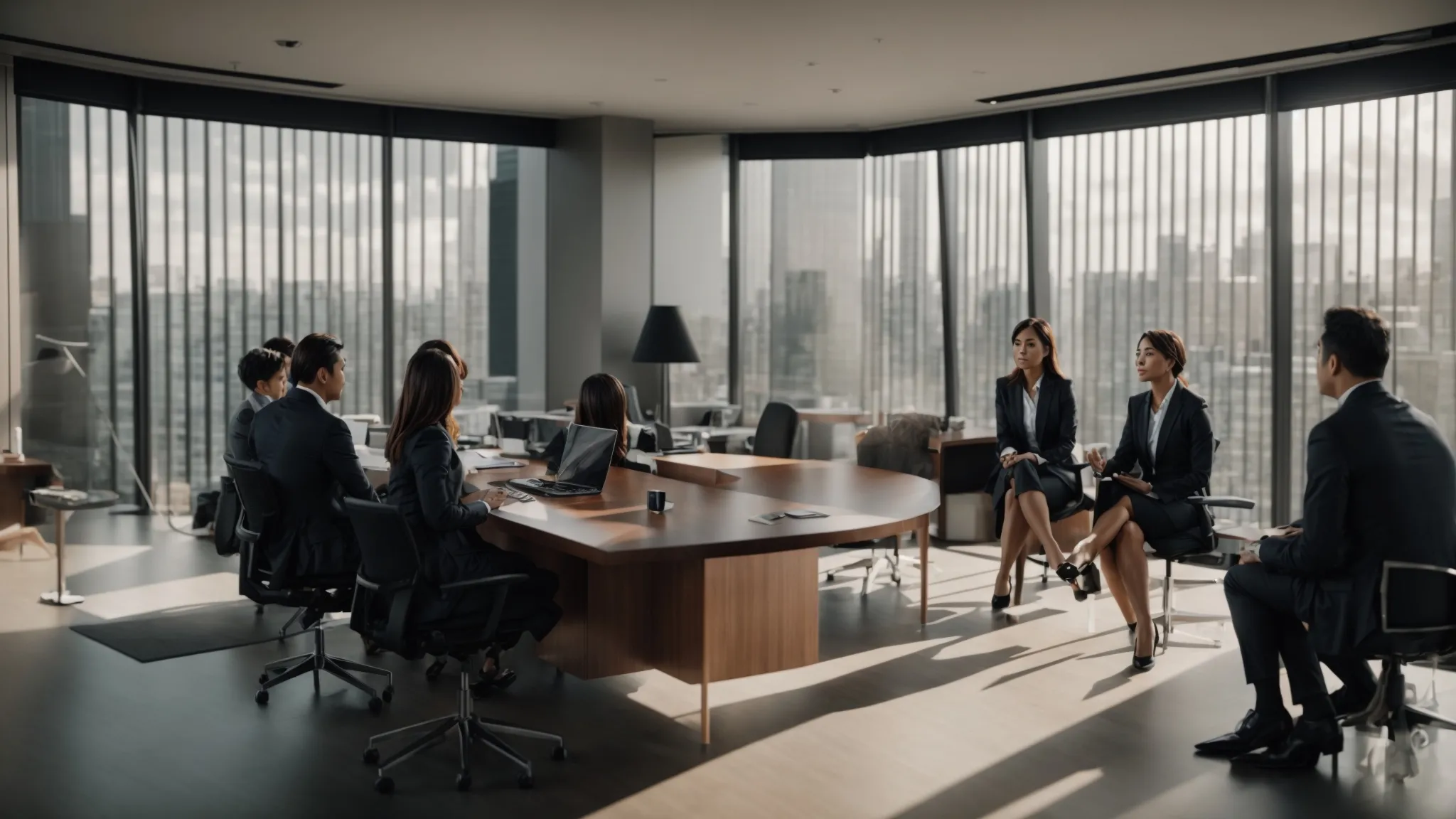 a group of business professionals at a sleek corporate office in melbourne, discussing reputation management strategies.