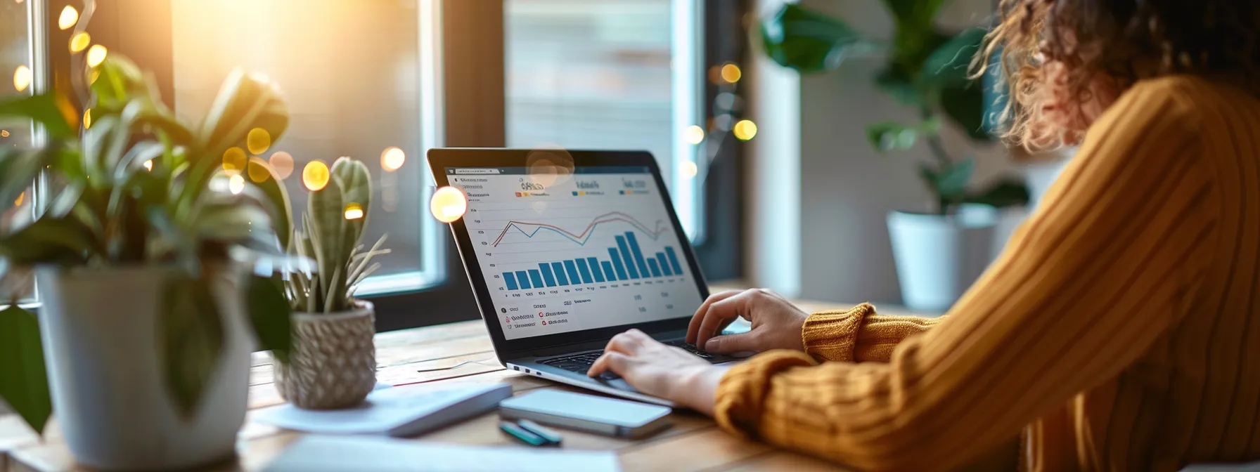 a person sitting at a desk with a laptop, analyzing graphs and charts on seo auditing tools.