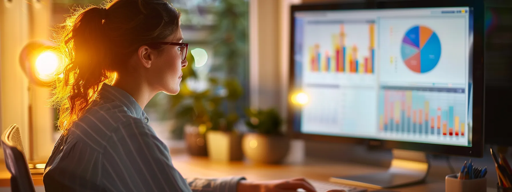 a speech therapist working on a laptop while looking at social media analytics on a computer screen.