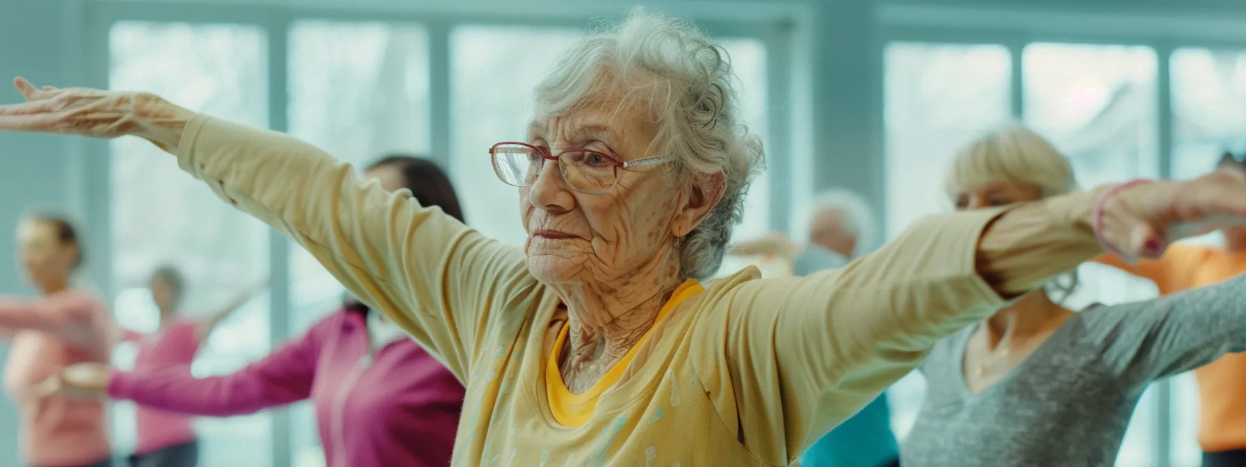 a group of senior citizens engaging in a fitness class at a modern and organized geriatrician practice.