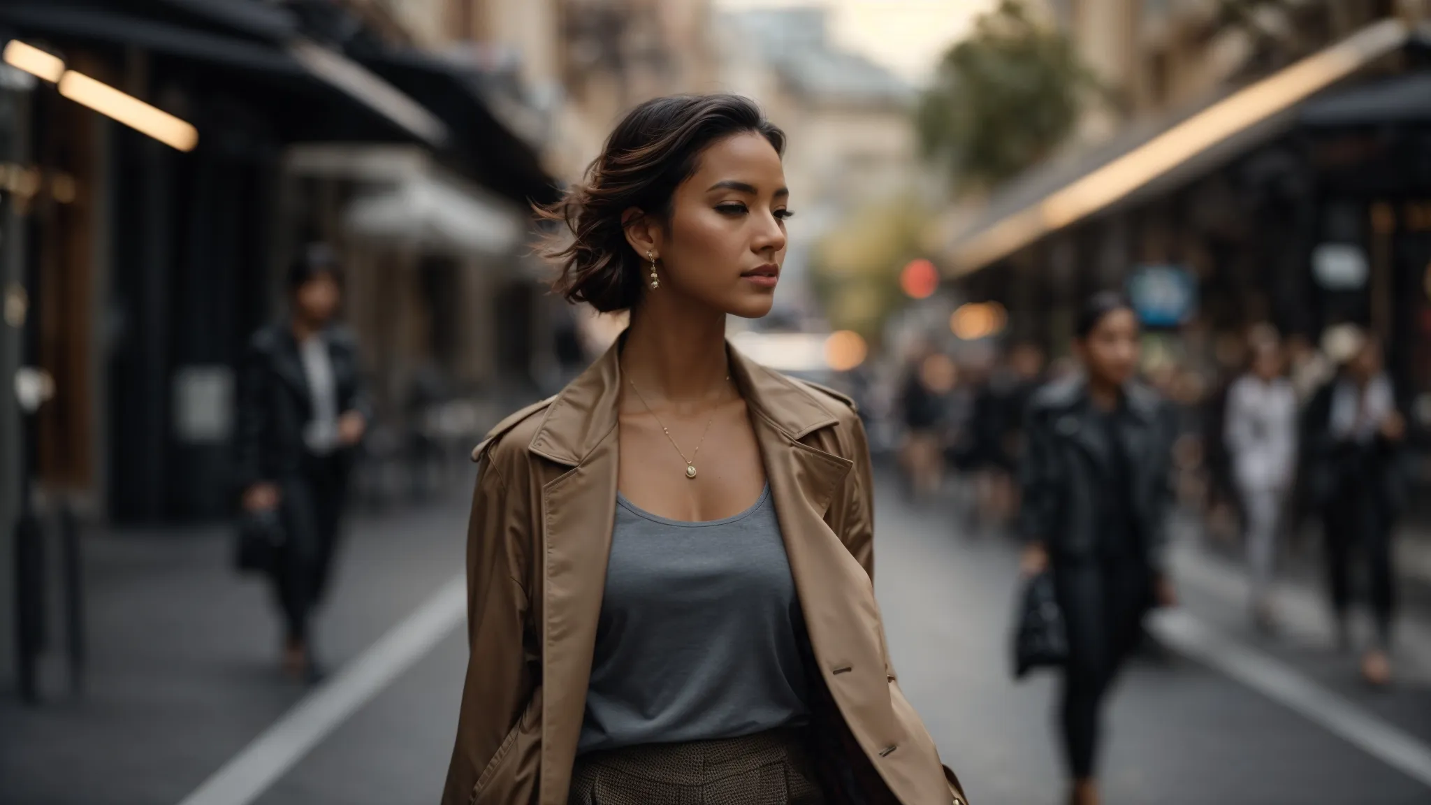 a stylish woman walking confidently down a melbourne street, showcasing her elevated personal image.