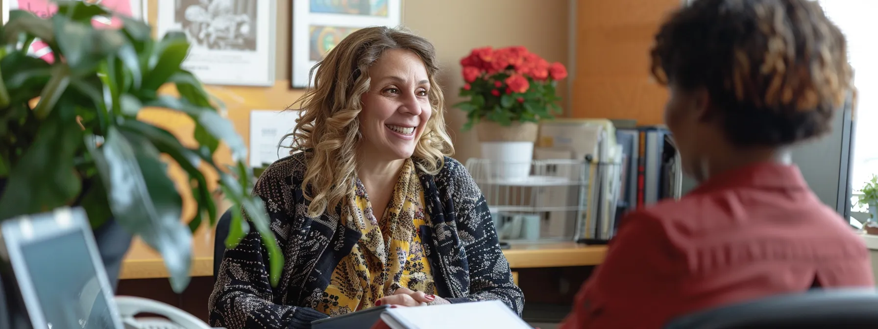 a speech therapist working with a client in a cozy and inviting office setting.