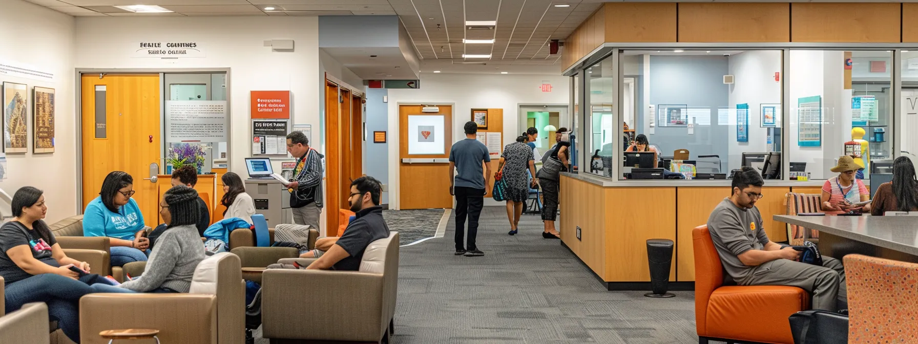 audiology clinic with patients leaving positive reviews and a busy waiting room filled with people.