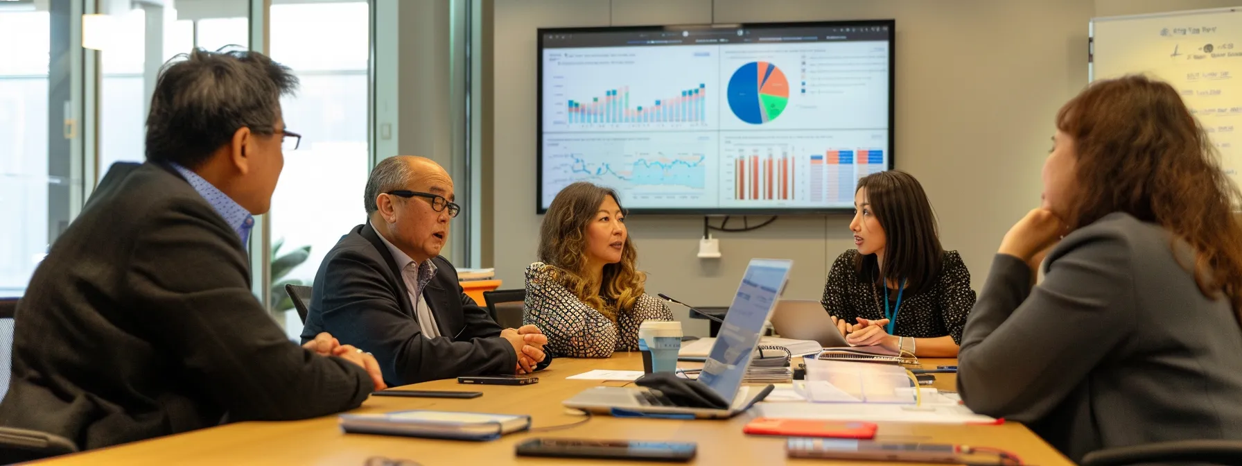 group of people sitting around a conference table looking at charts and graphs on a screen, discussing search marketing strategies.