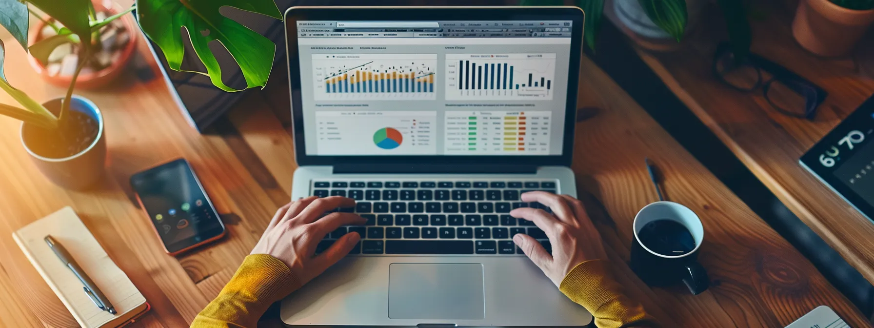 a person working on a laptop, analyzing website performance data on a desk with charts and graphs.