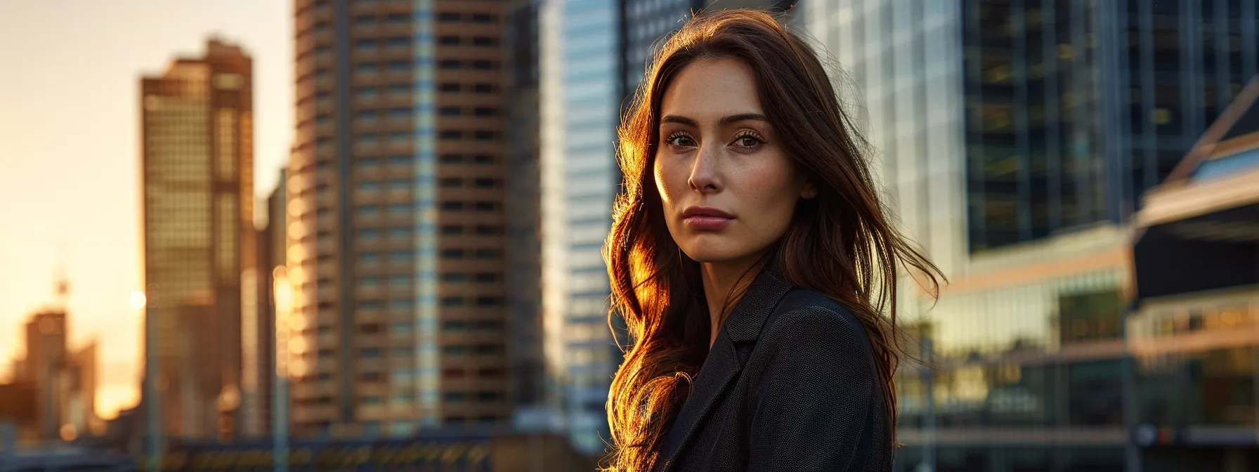 a woman in a stylish outfit confidently poses for a portrait in front of a sleek, modern skyline in melbourne.