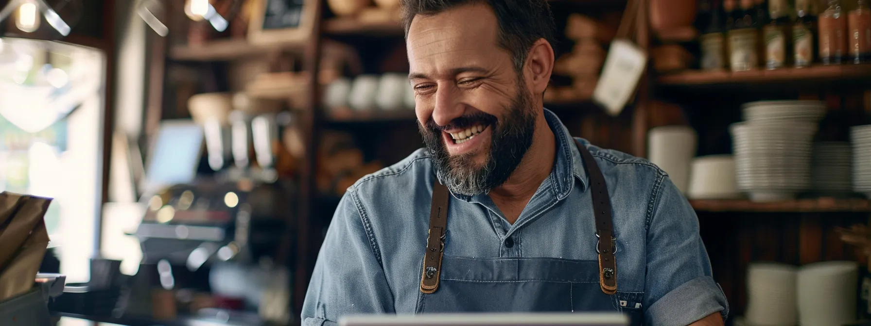 business owner smiling while reading positive google reviews on a tablet device.