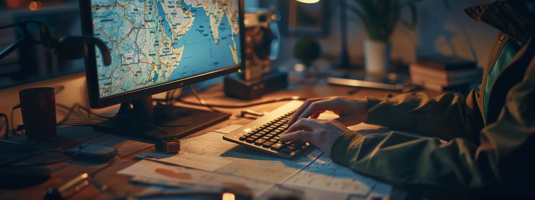 a person typing location-specific keywords on a computer while looking at a map on the desk.