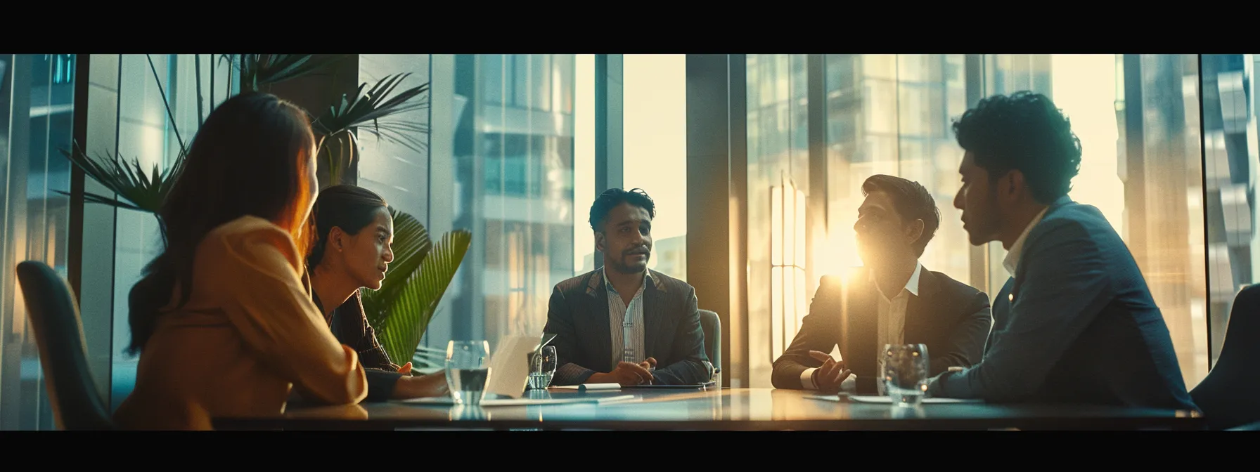 a group of diverse professionals engaged in a dynamic discussion in a modern conference room.