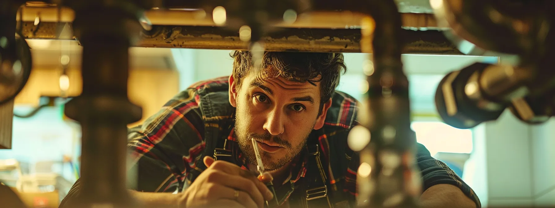 a plumber fixing pipes underneath a sink.