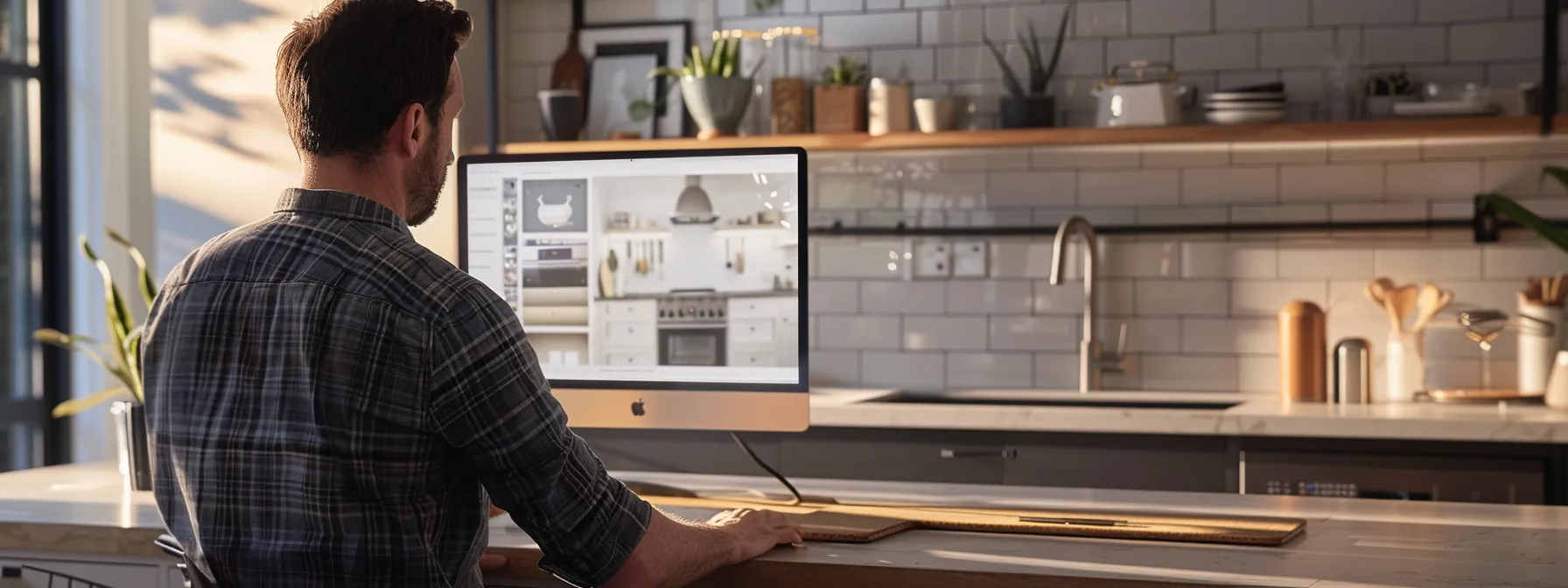 a kitchen designer working on a new project while looking at a computer screen filled with design trends and project galleries.