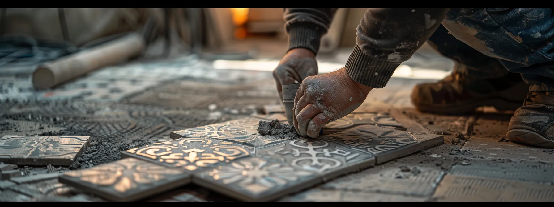 a tiling contractor carefully laying out tiles in a beautifully crafted pattern.