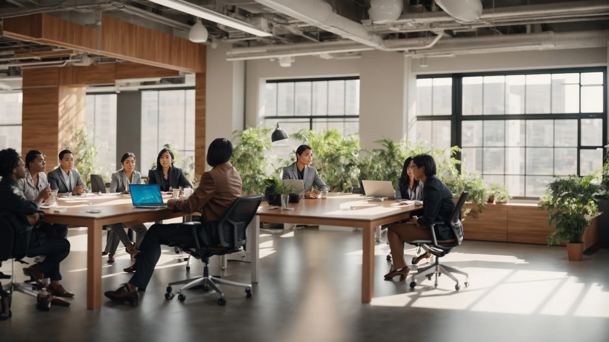 a group of diverse professionals collaborating in a bright, modern office space, sharing ideas and working together to drive innovation and growth in their business.