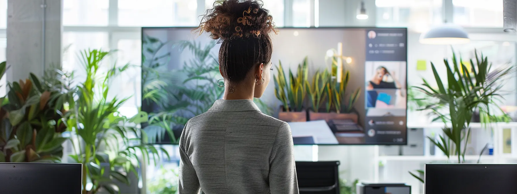 a person standing confidently in a professional setting, surrounded by modern office decor, looking at a computer screen displaying positive reviews and testimonials.