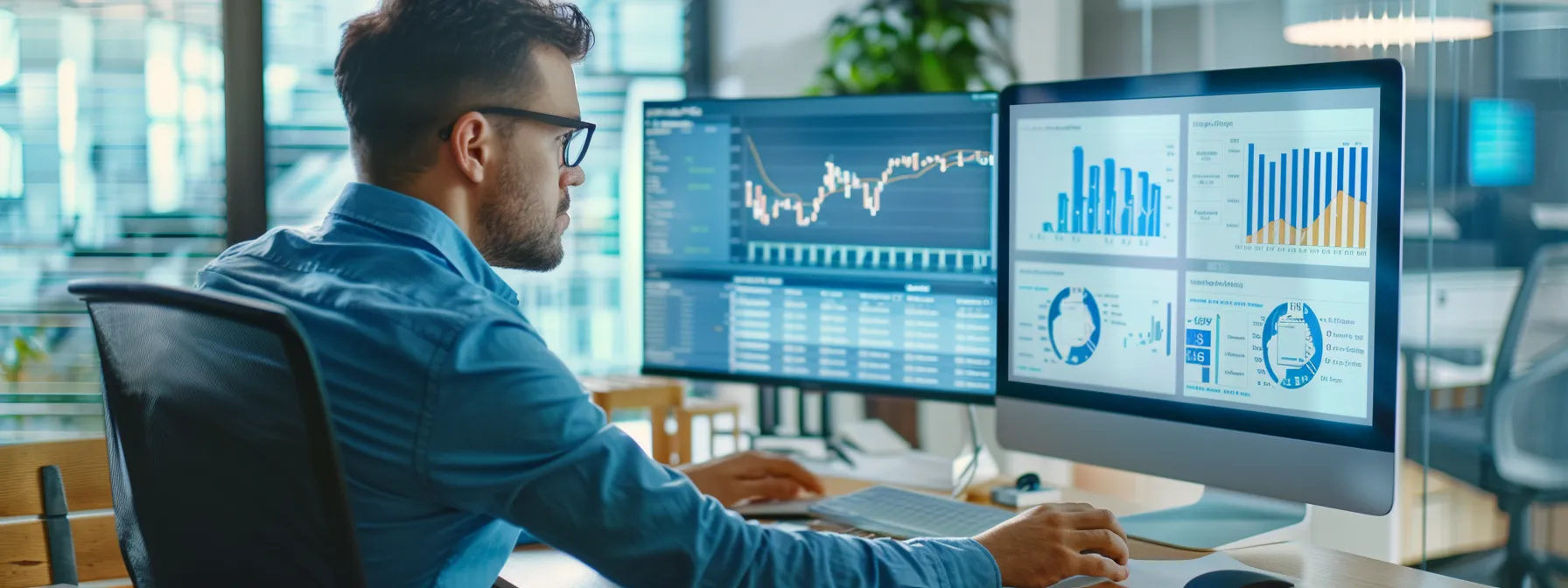 a digital marketing expert analyzing website traffic data on a computer in a modern office space.