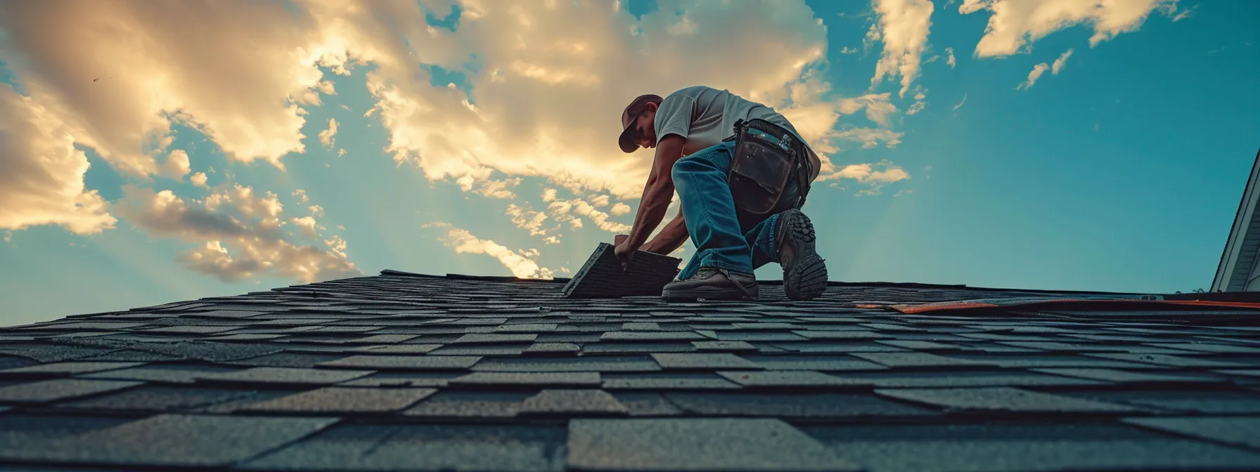 a roofer installing new shingles on a house roof.