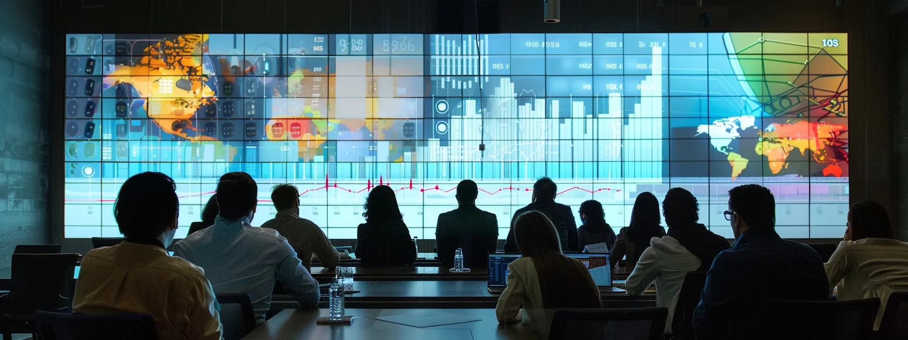 a diverse group of professionals analyzing graphs and charts on a projector screen.