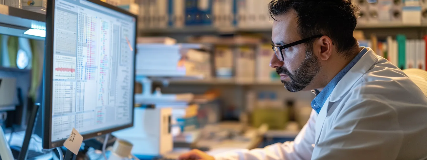 a hematologist reviewing medical terminology and local search terms on a computer screen.