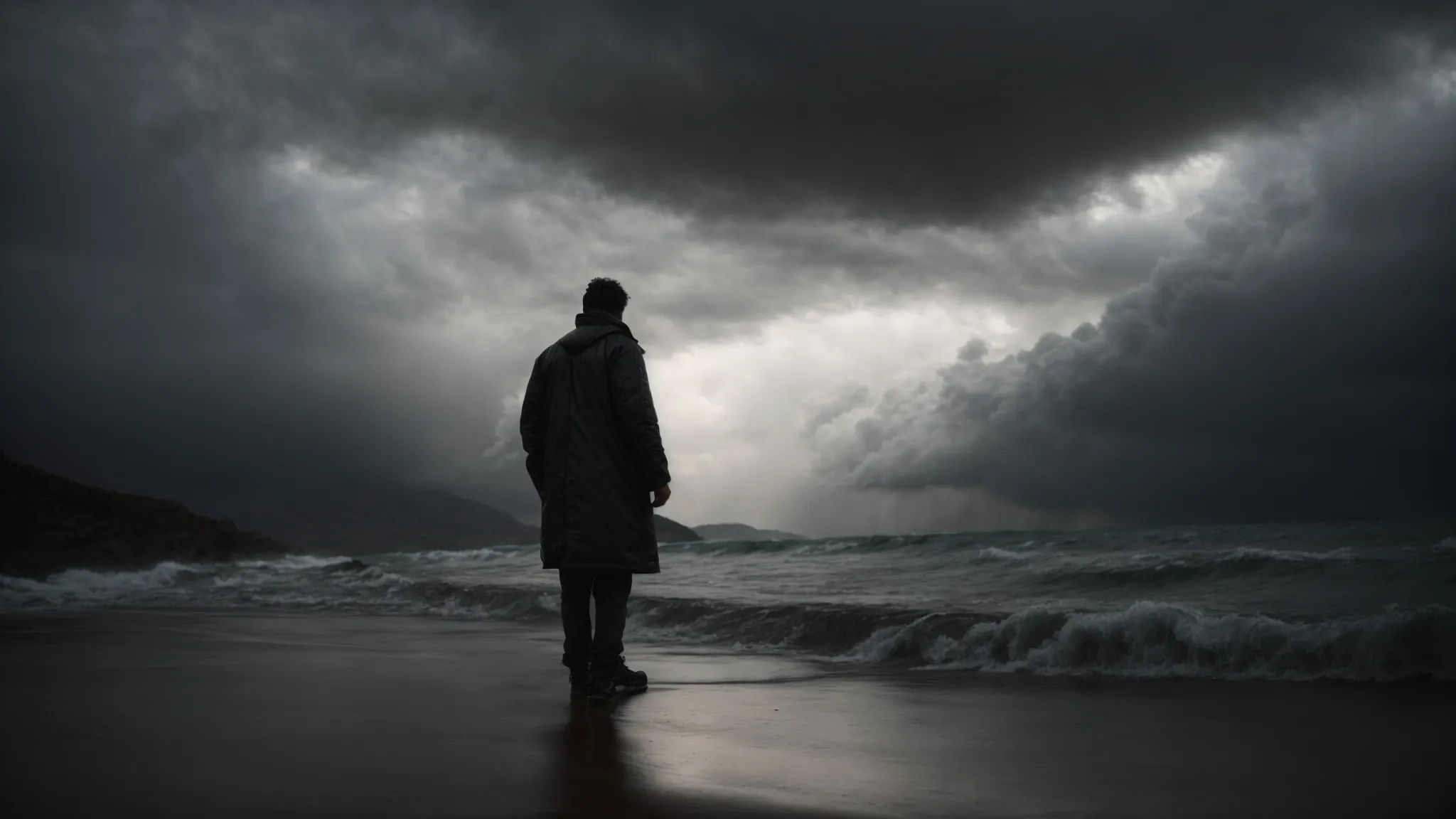 a person standing strong in the midst of a turbulent storm, facing it head-on with determination and courage.