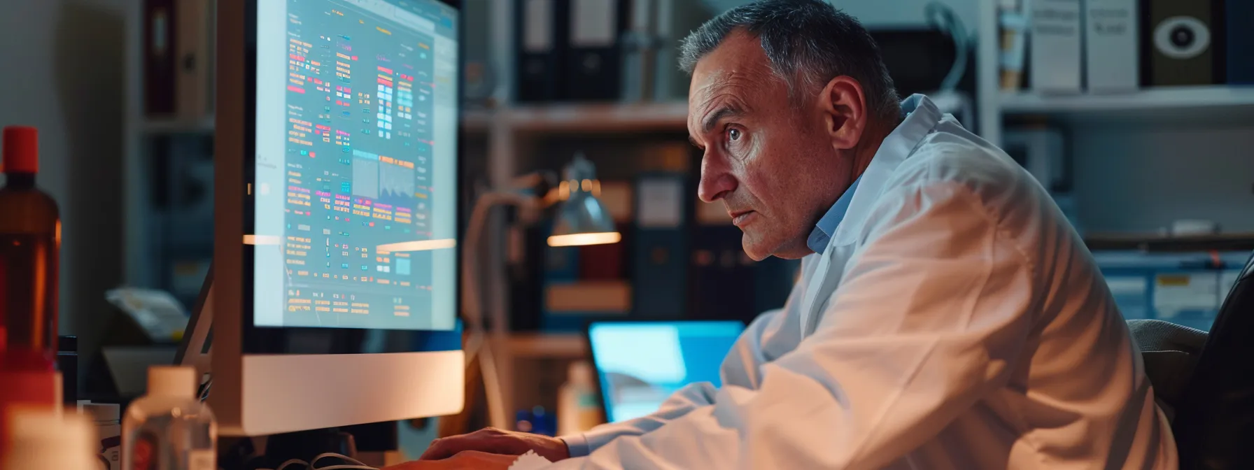 a hematologist sitting at a computer, analyzing website traffic data and updating seo strategies.