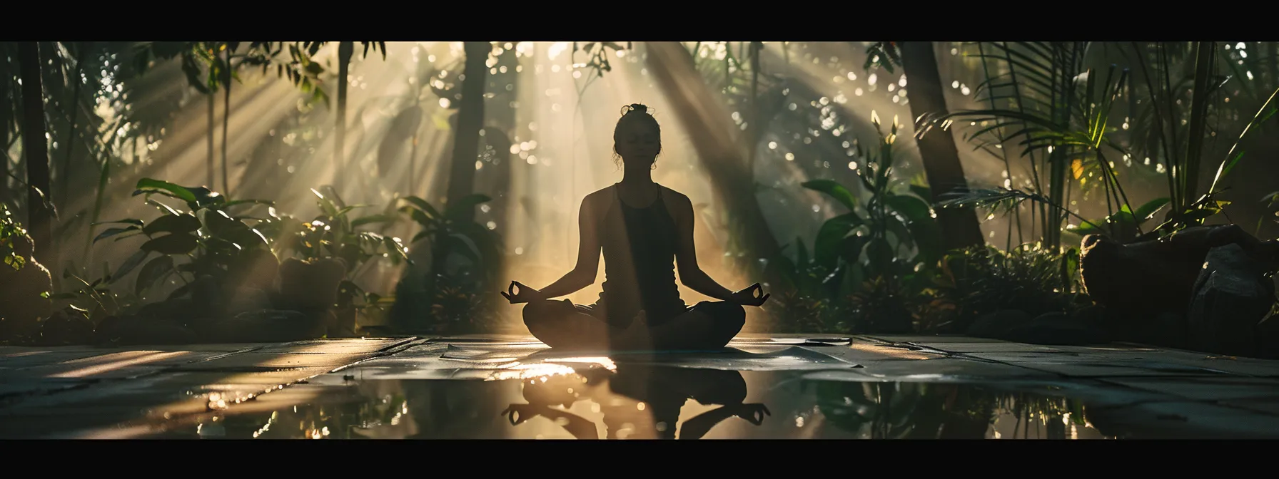 a person meditating in a peaceful and serene environment.