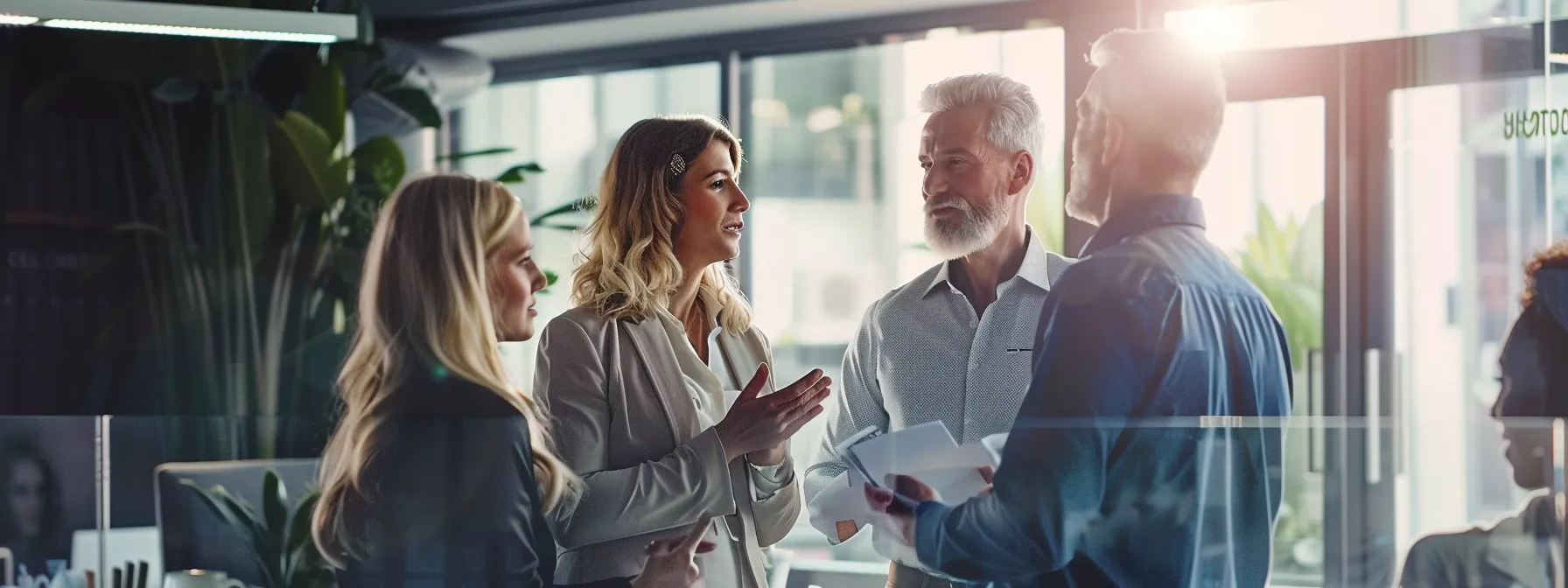 a group of professionals in a modern office discussing feedback strategies.