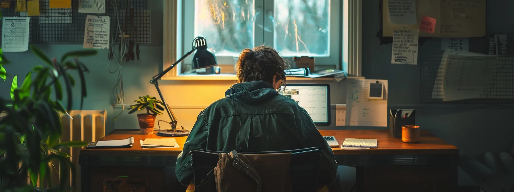 a person sitting at a desk with a planner and a motivational quote on the wall.