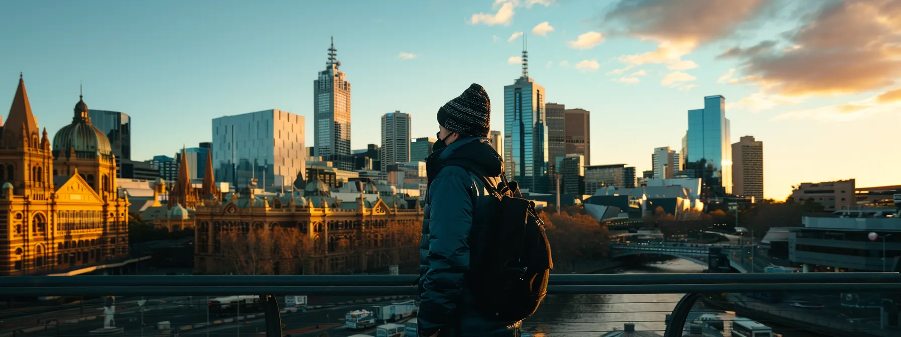 a person exploring the city of melbourne and looking at various buildings and landmarks.