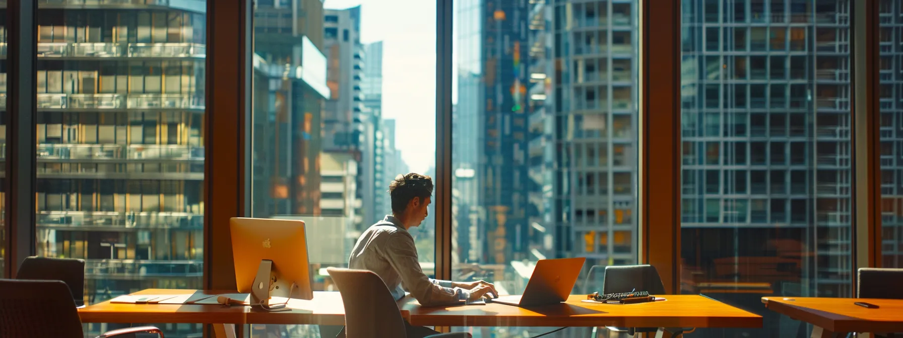 a person typing on a laptop in a bright and modern office in melbourne.