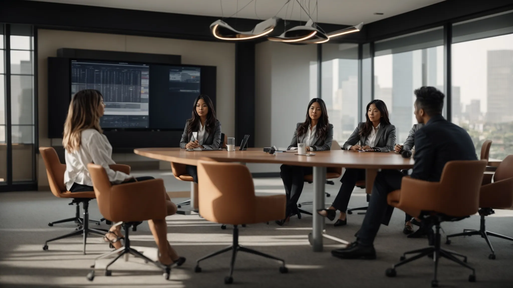 a group of professionals brainstorming and discussing strategies in a conference room.