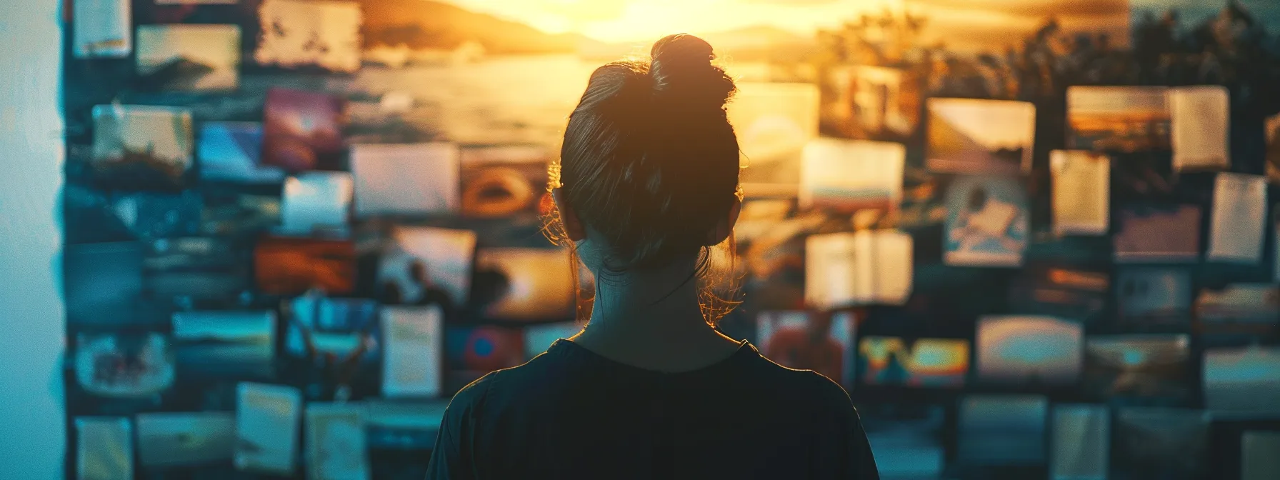 a person looking at a personalized vision board with images representing their aspirations and goals.